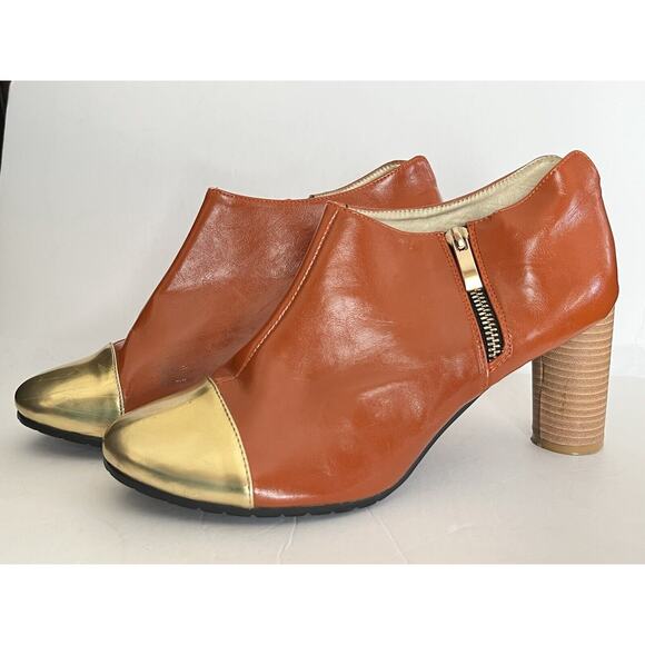 Cri de Coeur •11• Ankle Boots Heels Round Orange Gold Cap Toe Zip Wood Stacked - Picture 11 of 11